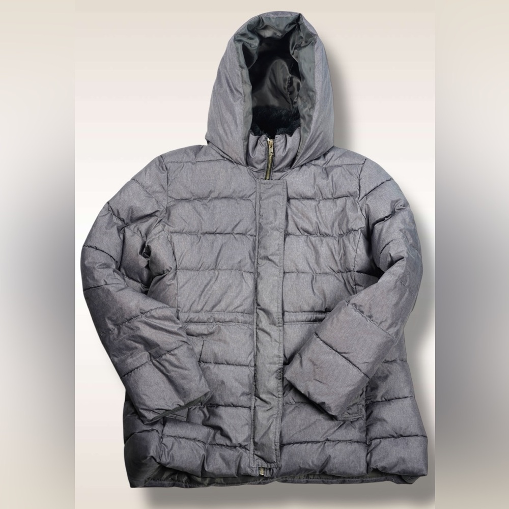 GAP Mid Puffer Jacket Silver Heather Hooded Faux-Fur Lined – Women’s Size XL - Picture 8 of 17